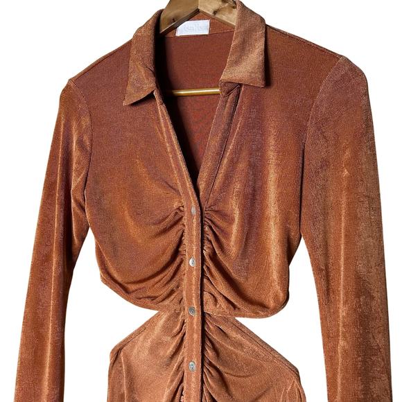 Isalis Dress Midi Button Down Front Split Back Long Sleeve V Neck Ruched Size S - Picture 2 of 11